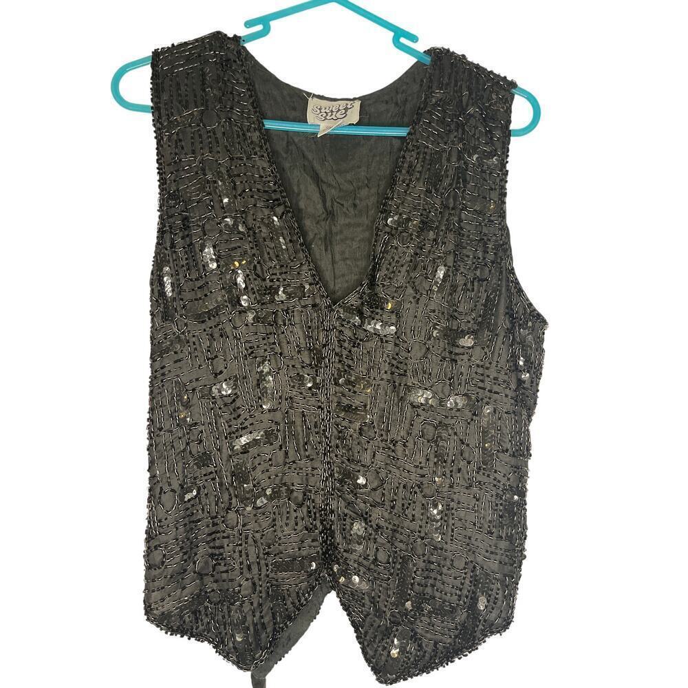 Vintage Sweet Sue 100% Silk Black Sequin Beaded Vest Top Women's Size Medium